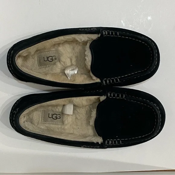 UGG Ansley Women’s 7.5 Black Suede Shearling Moccasin Slippers - Picture 6 of 10